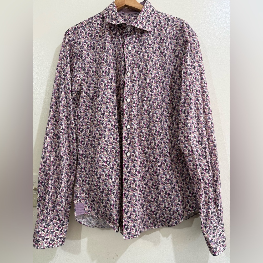 Merosfumato Men's Long-Sleeve Floral Button-Down Shirt in Pink